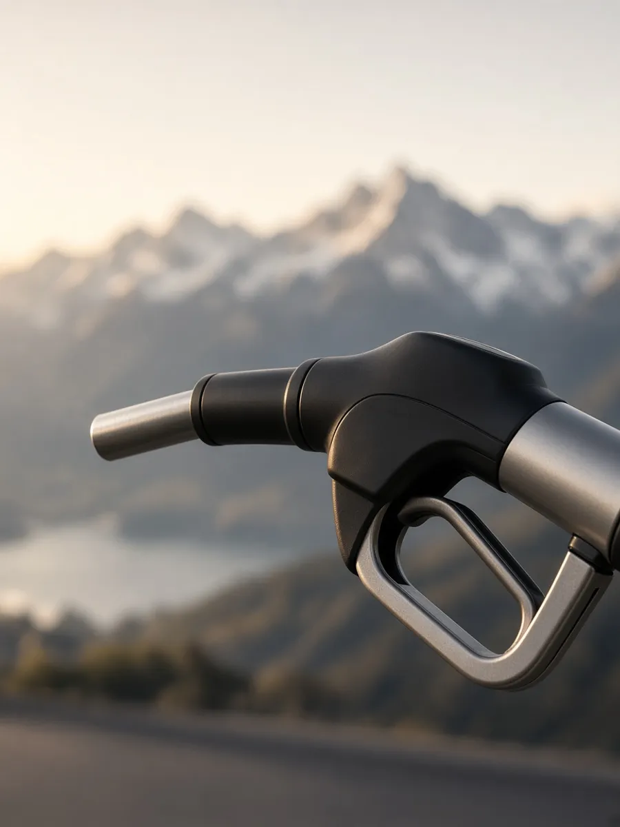 Zapfpistole an einer modernen Tankstelle im Morgenlicht