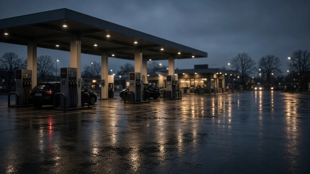 Tankstellenvorplatz in der Dämmerung